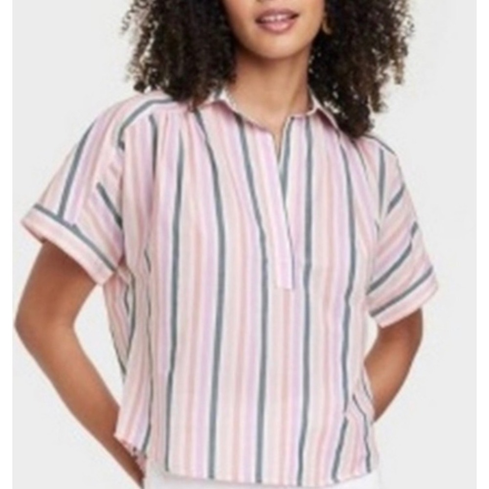 Universal Thread Womens XS Pink Striped‎ Short Sleeve Cotton Popover Blouse Top